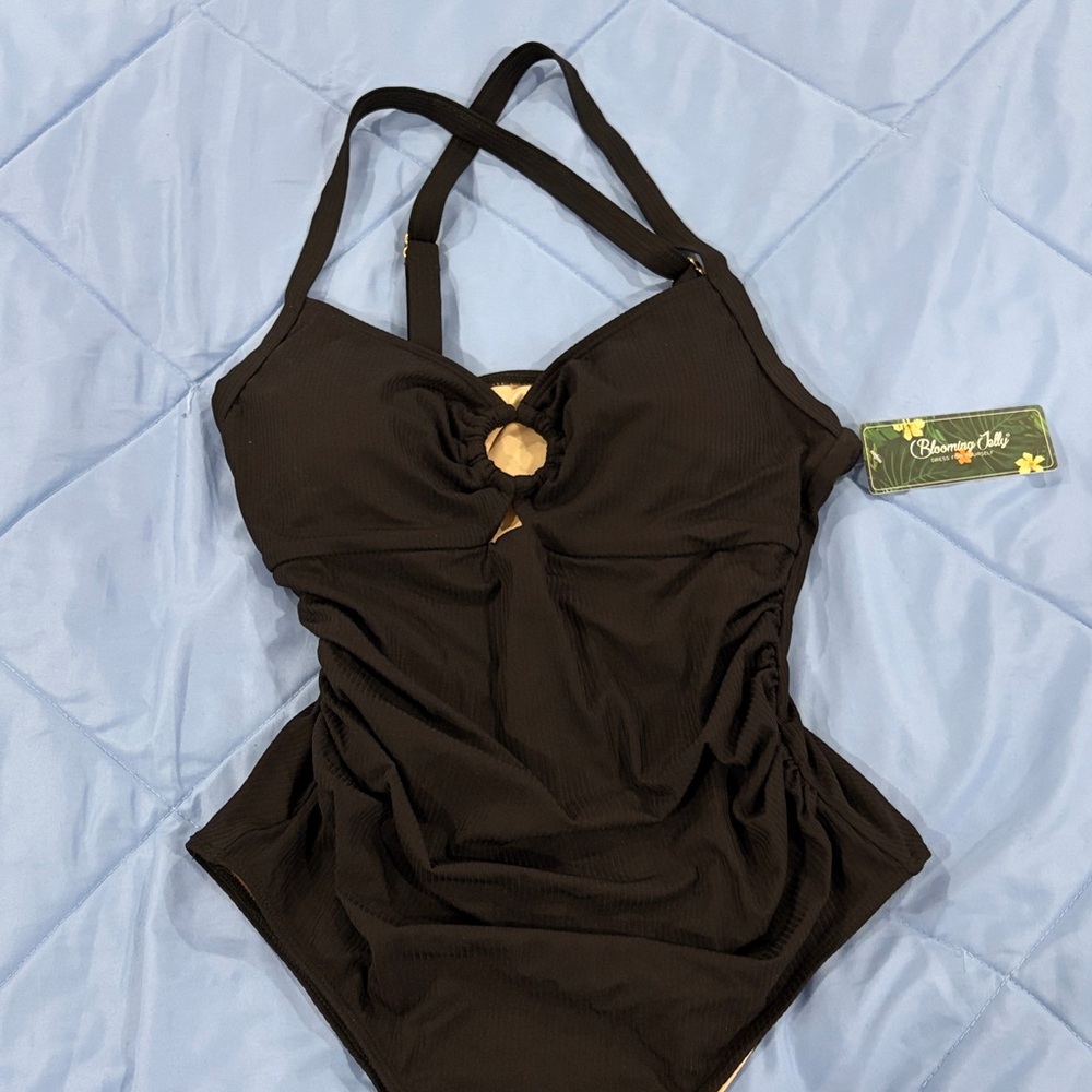 Blooming Lily Black One-Piece Swimsuit with Keyhole Front